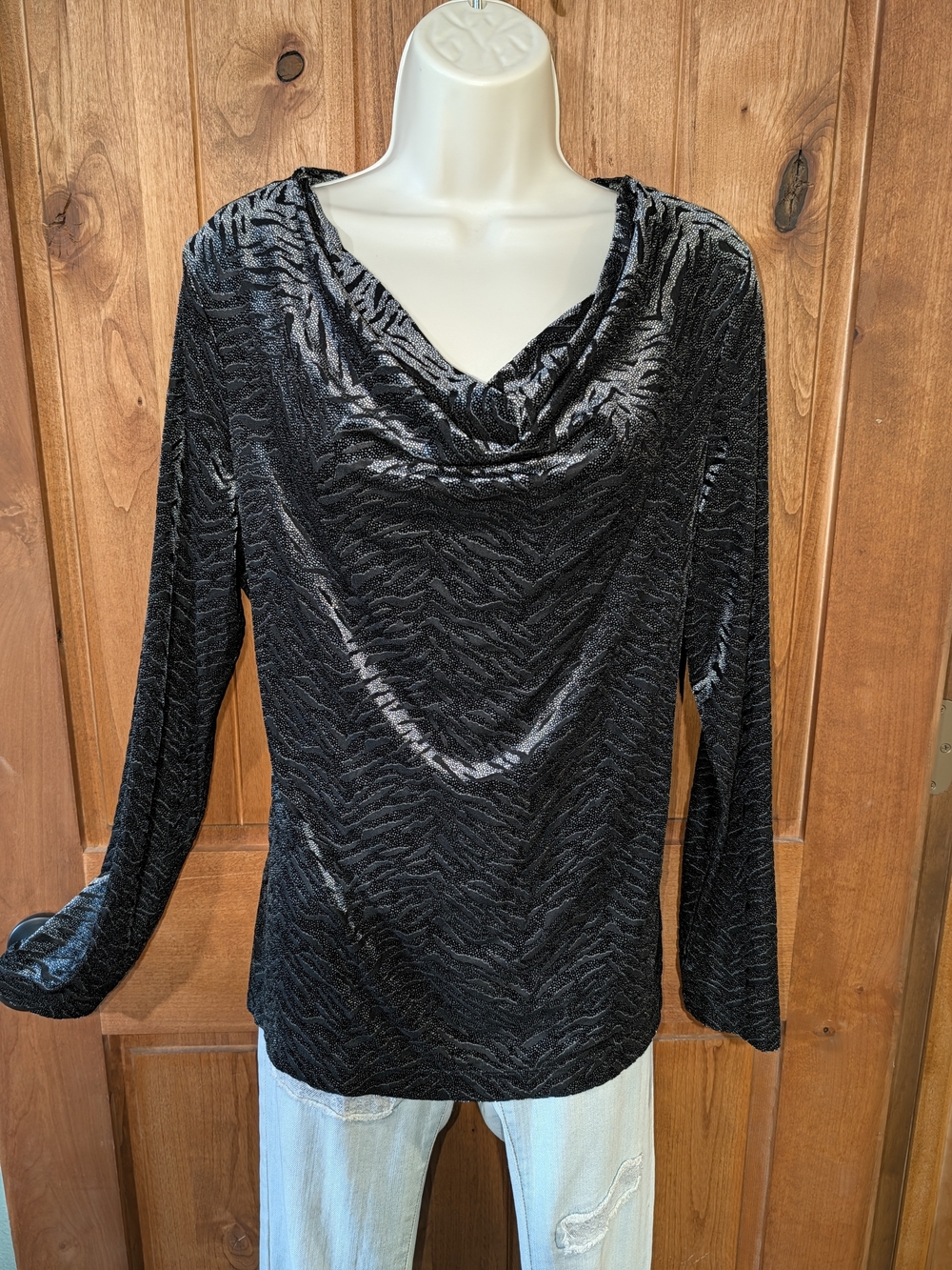 Dana Buchman Black Shimmery Velvet Drape Cowl Neck Long Sleeve Top